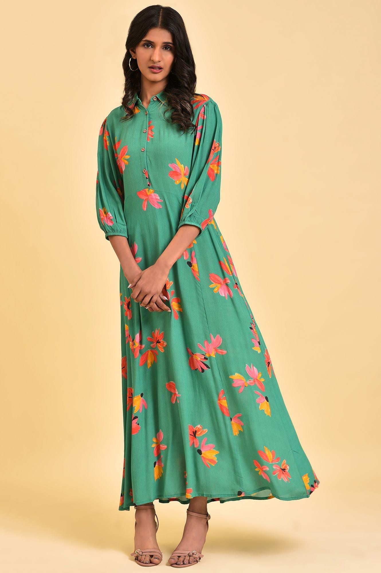 Green Floral Printed Long Shirt Dress - wforwoman