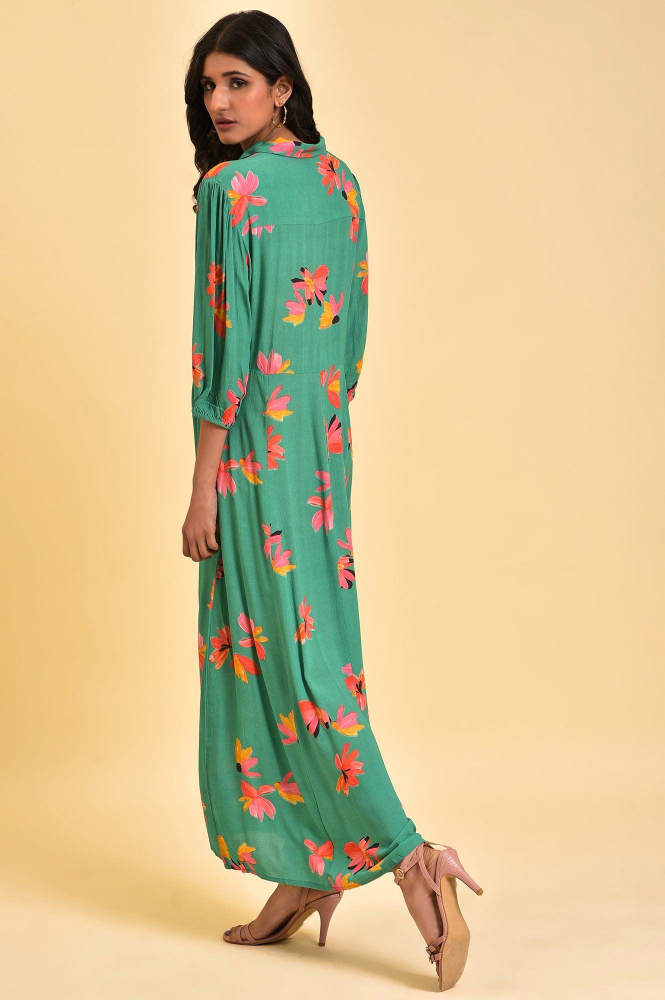 Green Floral Printed Long Shirt Dress - wforwoman