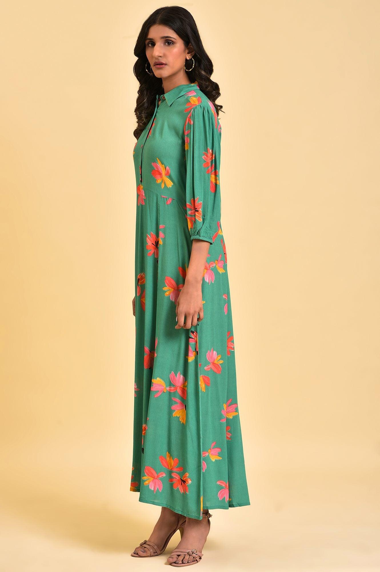 Green Floral Printed Long Shirt Dress - wforwoman