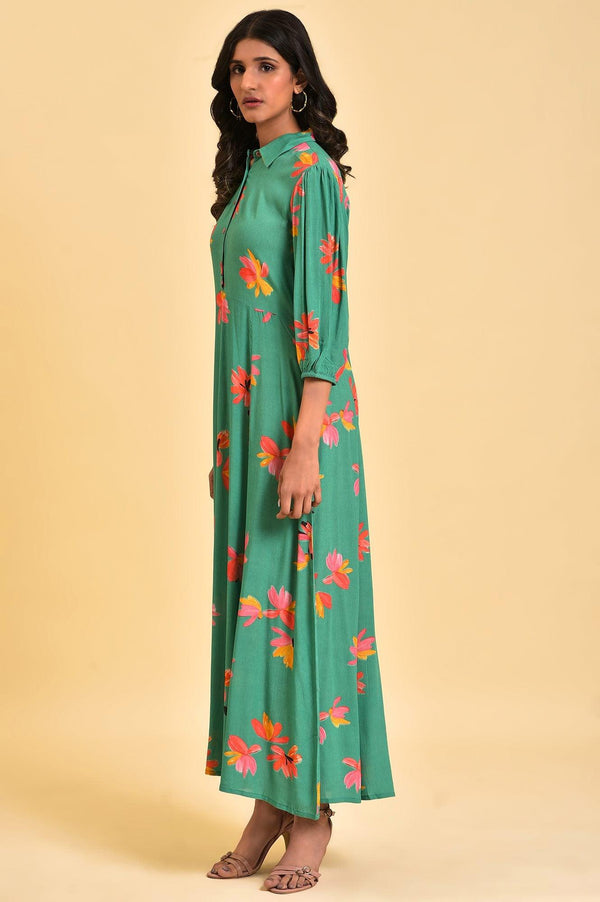 Green Floral Printed Long Shirt Dress