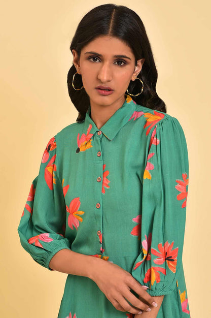 Green Floral Printed Long Shirt Dress - wforwoman