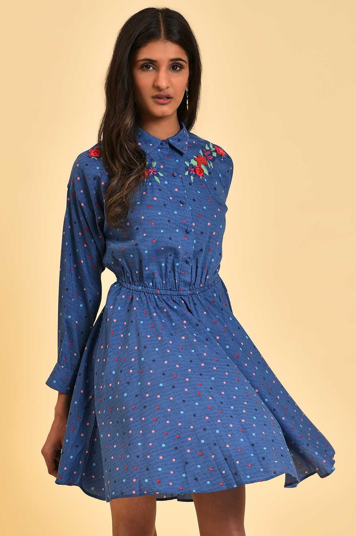 Blue Polka Dot Embroidered Dress - XS