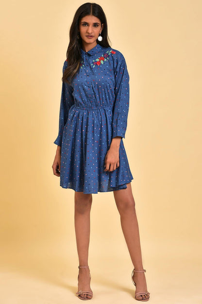 Blue Polka Dot Embroidered Dress - wforwoman