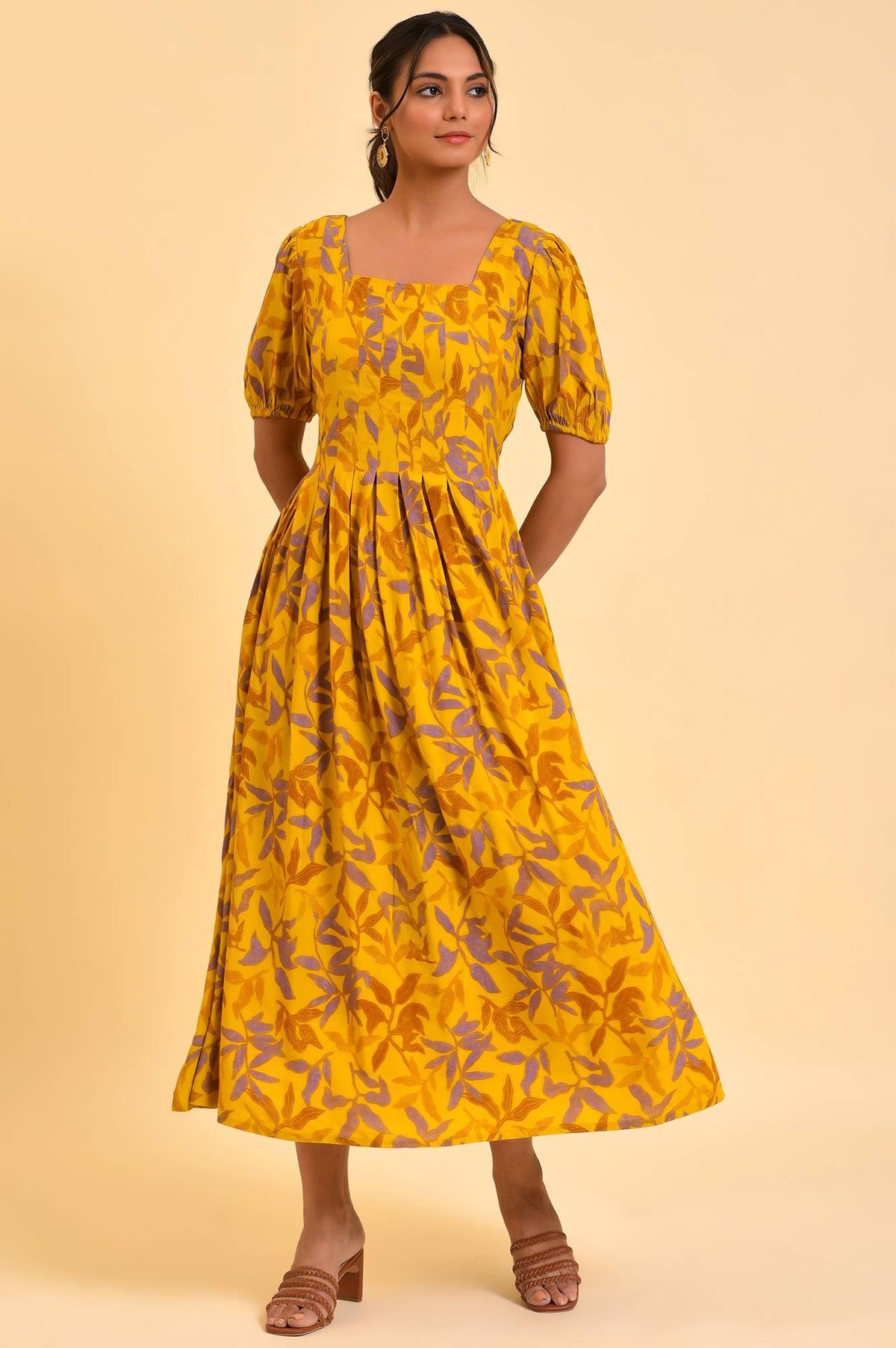 Yellow Pleated Long Summer Maxi Dress - S