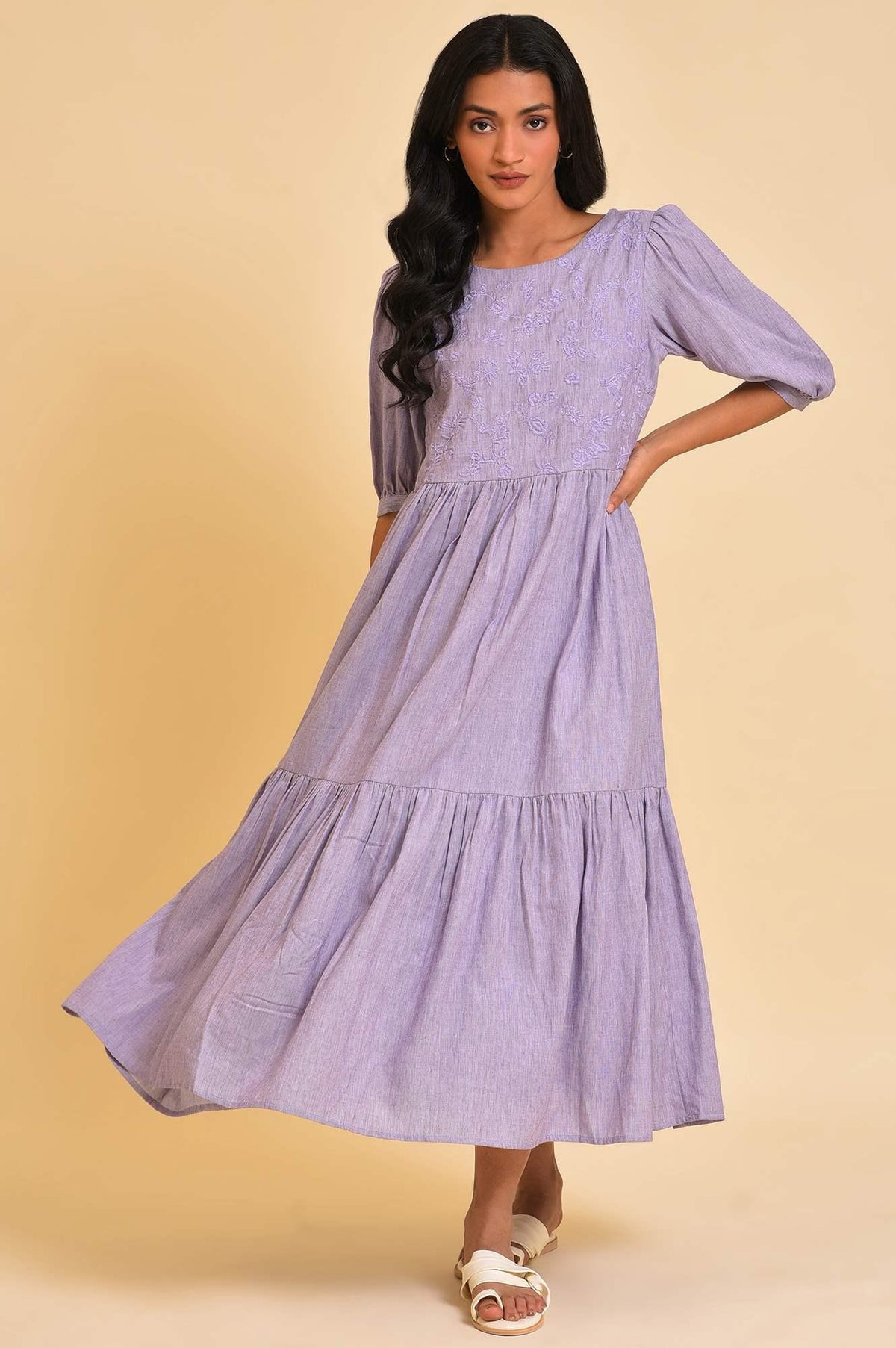 Light Purple Embroidered Tiered Chambray Dress - XS