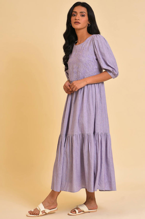 Light Purple Embroidered Tiered Chambray Dress
