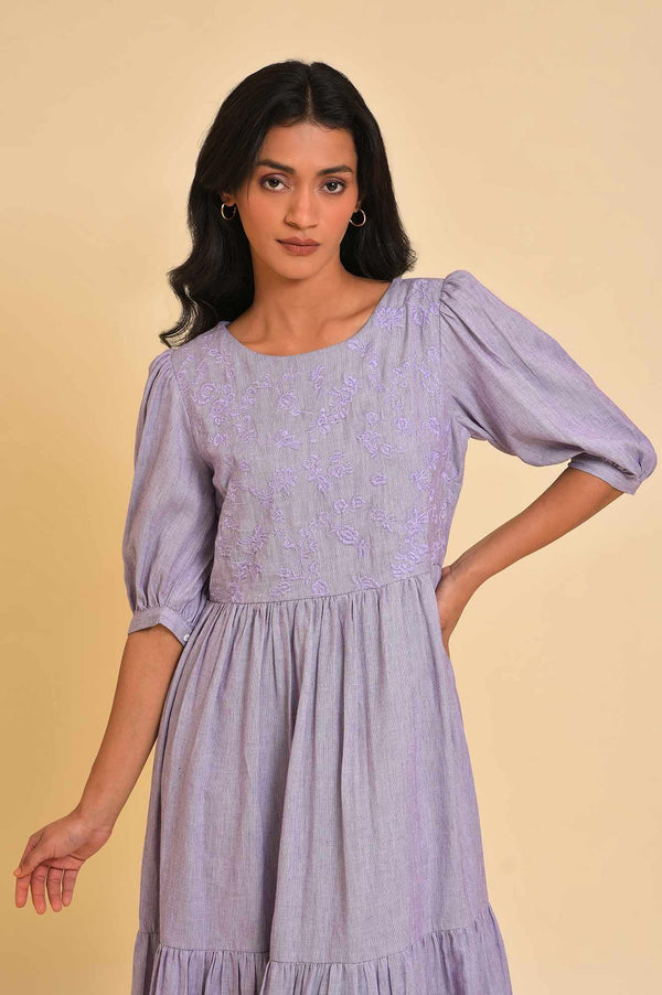 Light Purple Embroidered Tiered Chambray Dress