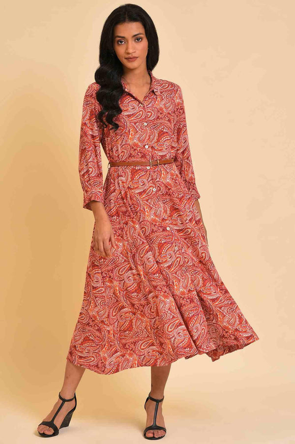 Red Paisley Print Long Shirt Dress