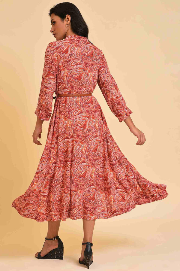 Red Paisley Print Long Shirt Dress