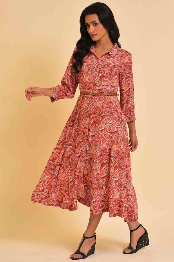 Red Paisley Print Long Shirt Dress