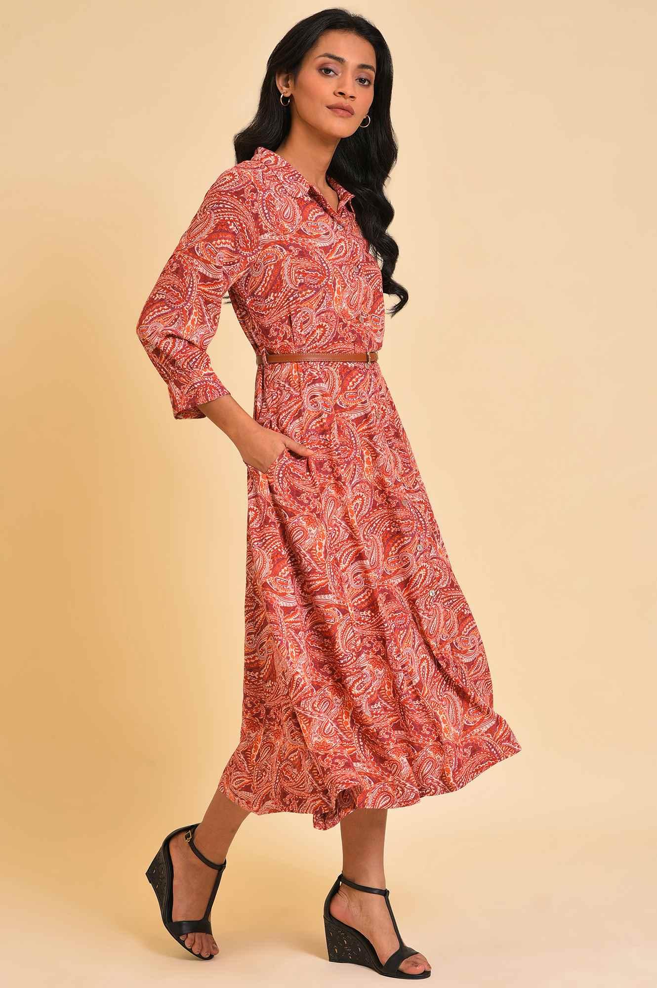 Red Paisley Print Long Shirt Dress - wforwoman