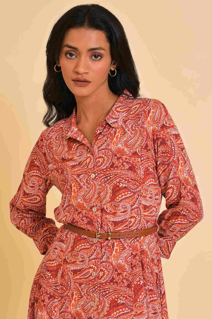 Red Paisley Print Long Shirt Dress - wforwoman