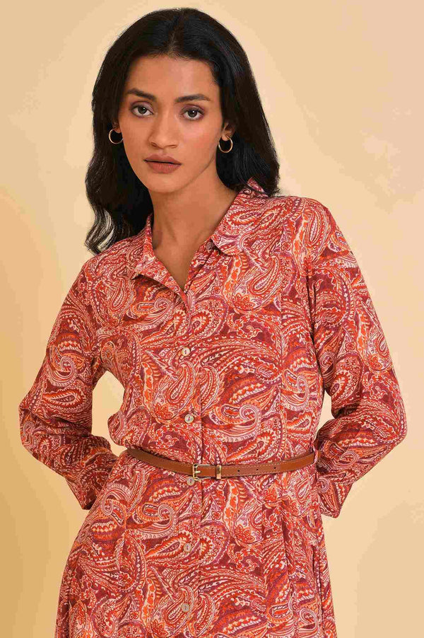 Red Paisley Print Long Shirt Dress