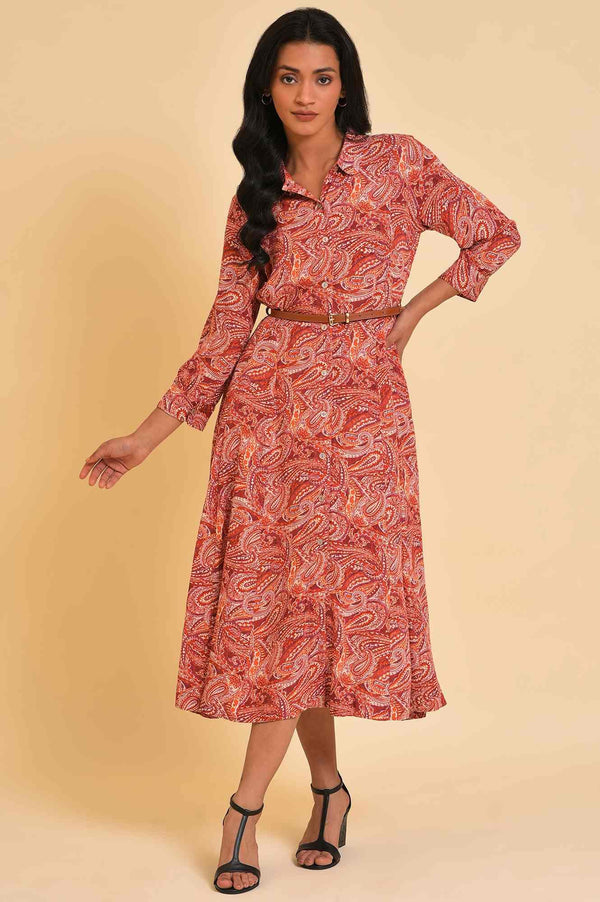 Red Paisley Print Long Shirt Dress