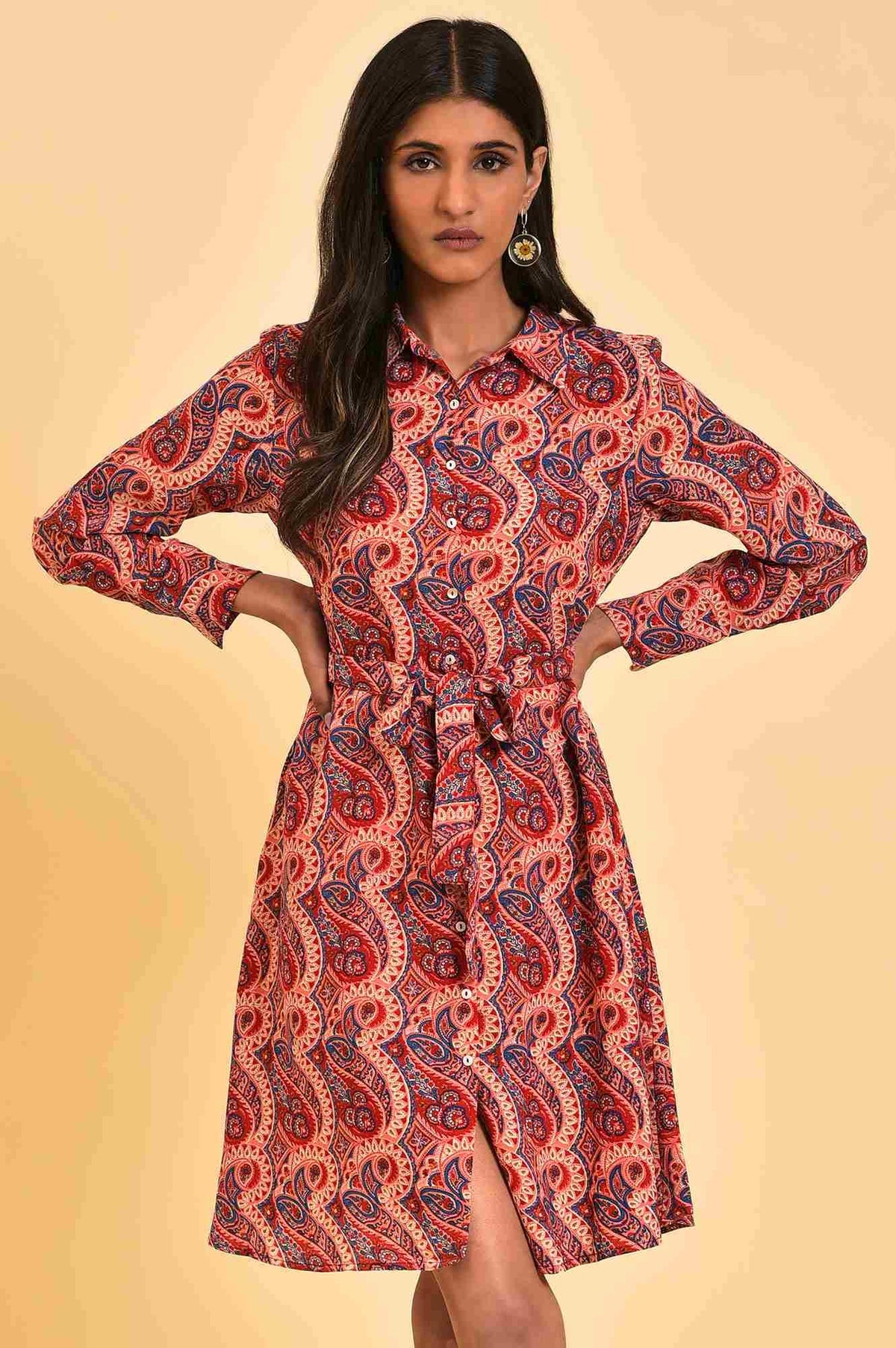 Red Paisley Printed Short Western Dress - XS