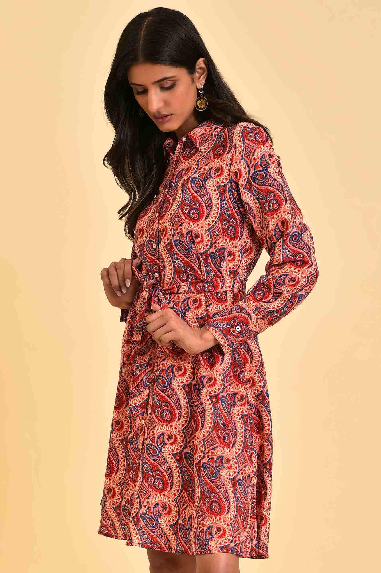 Red Paisley Printed Short Western Dress - wforwoman