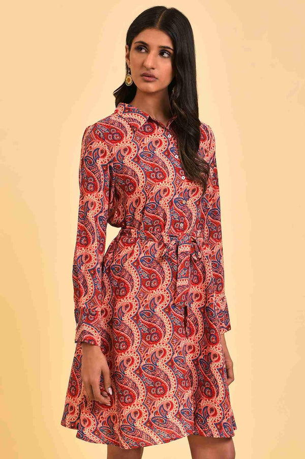 Red Paisley Printed Short Western Dress