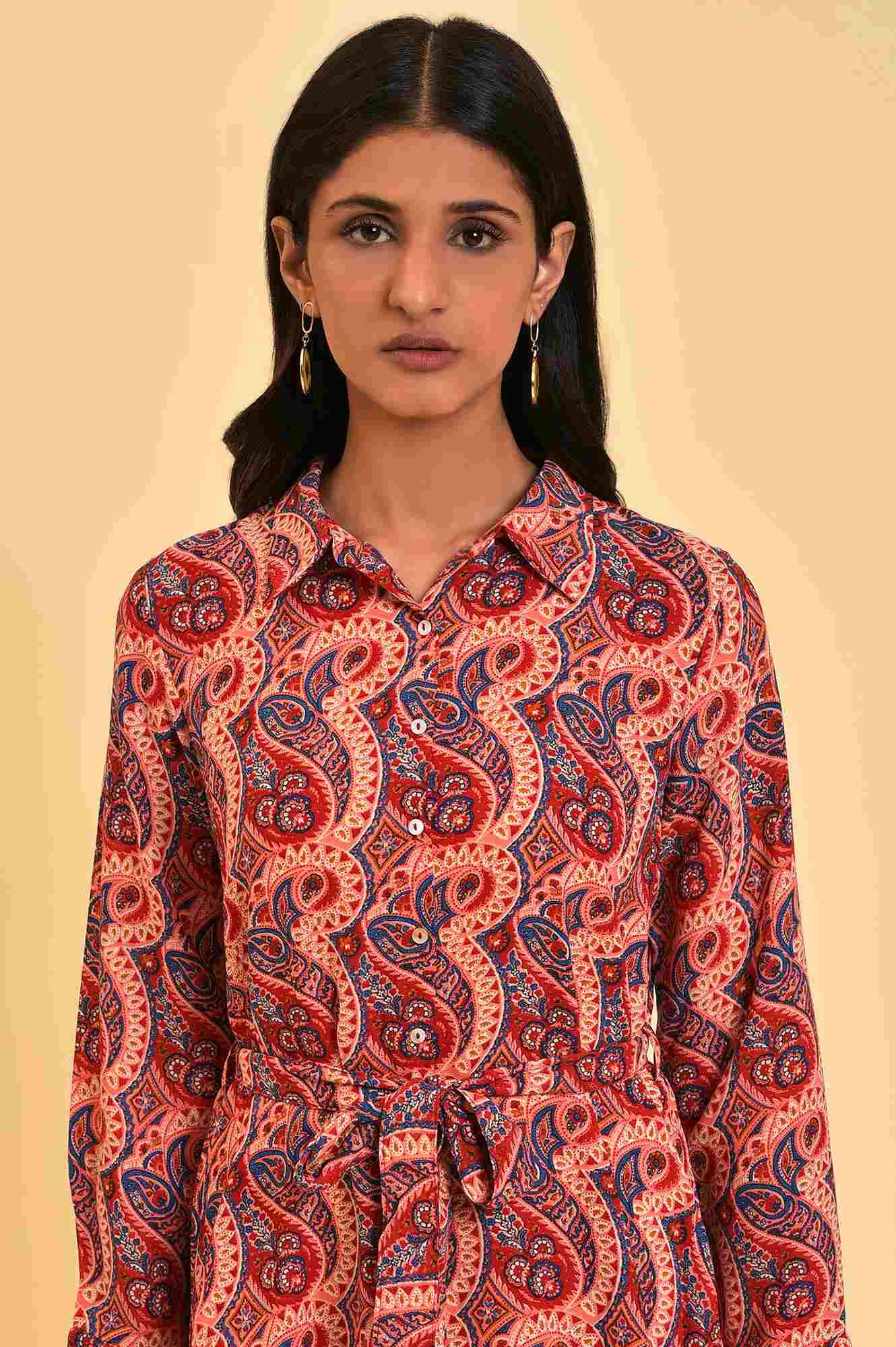 Red Paisley Printed Short Western Dress - wforwoman