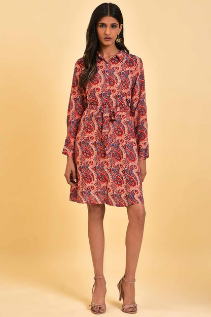Red Paisley Printed Short Western Dress - wforwoman