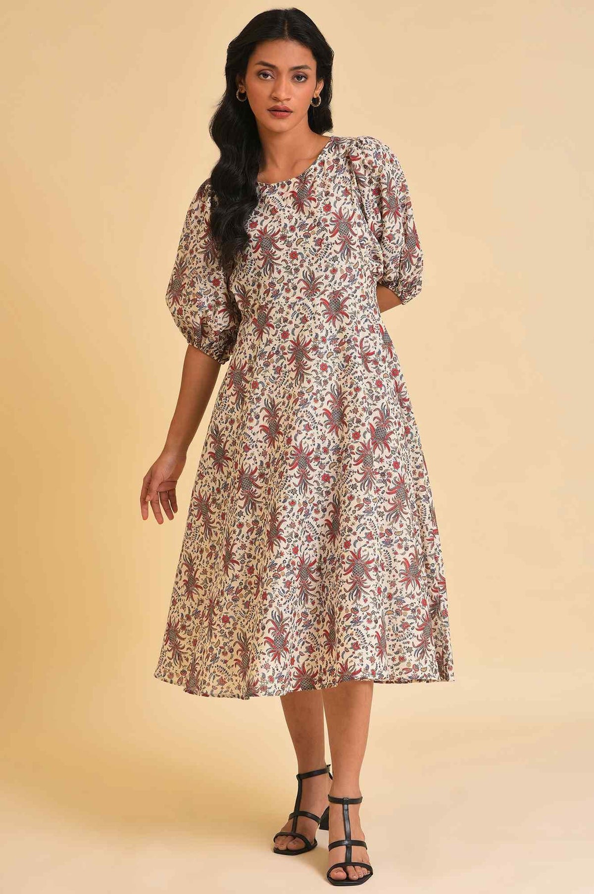 Ecru Floral Printed Midi Dress - XS