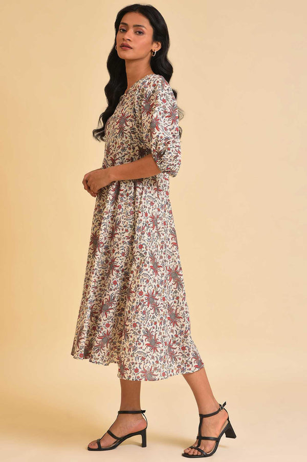 Ecru Floral Printed Midi Dress