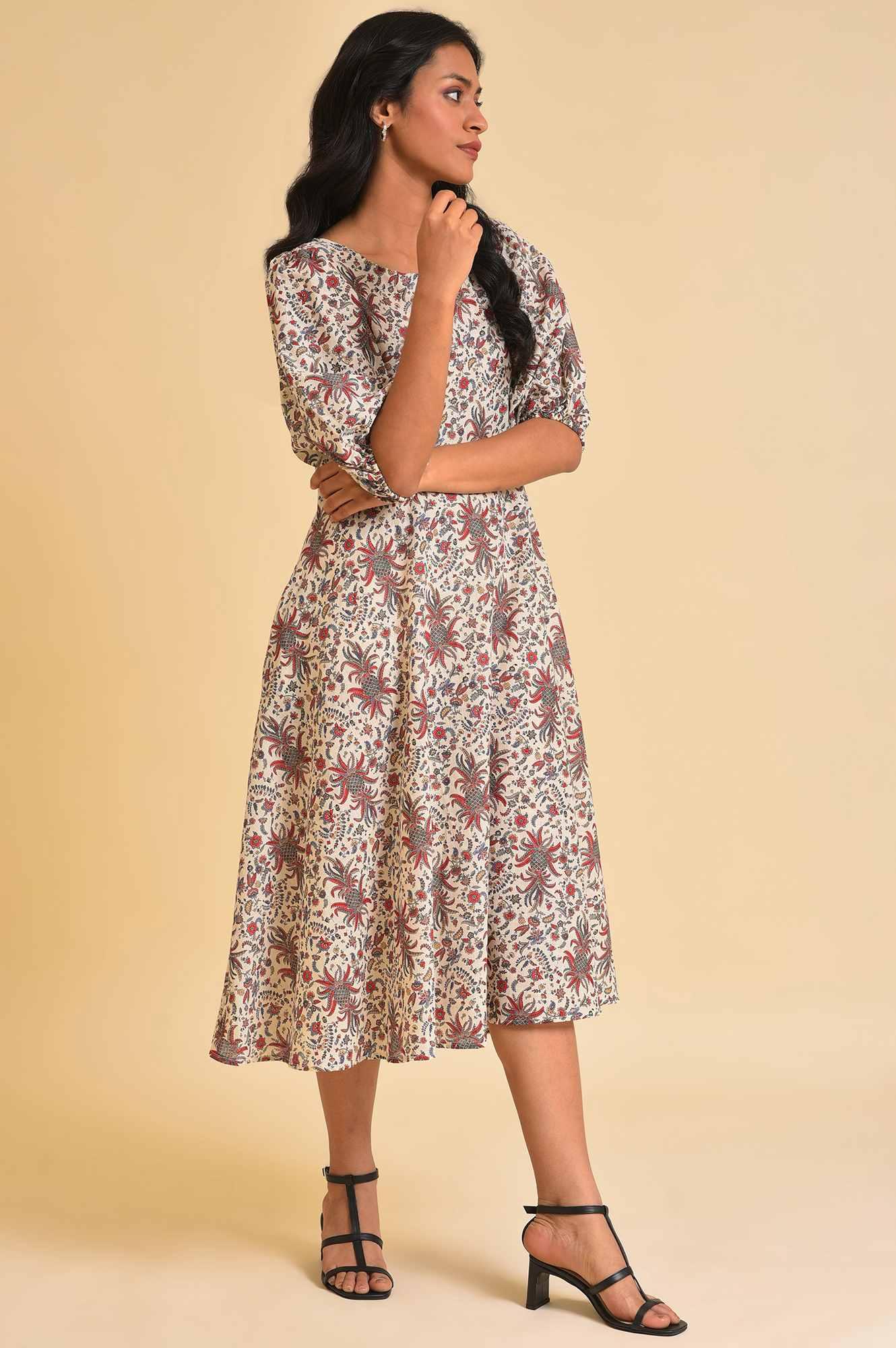 Ecru Floral Printed Midi Dress - wforwoman