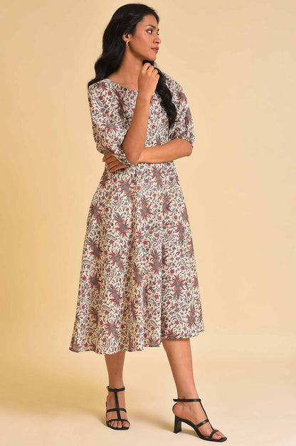 Ecru Floral Printed Midi Dress - wforwoman