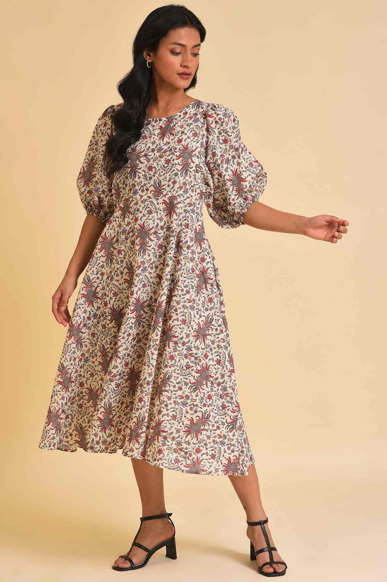 Ecru Floral Printed Midi Dress - wforwoman