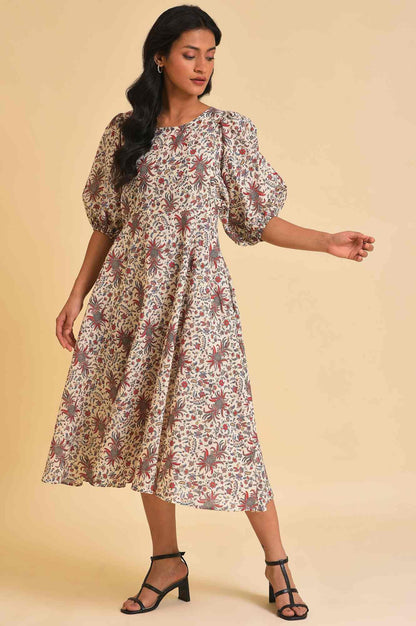 Ecru Floral Printed Midi Dress - wforwoman