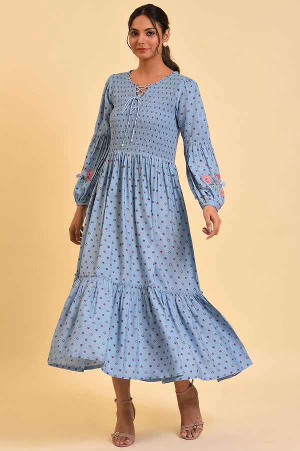 Light Blue Printed Tiered Long Dress