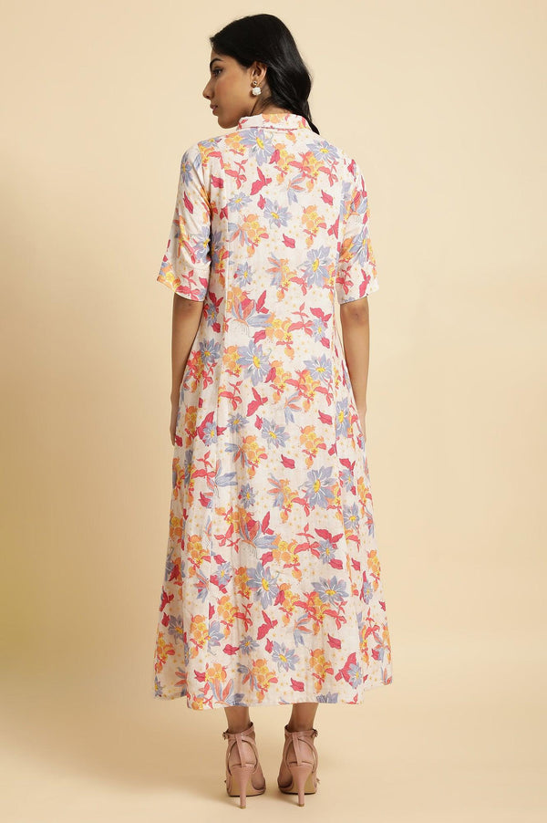 Ecru Floral Printed Cotton Long Shirt Dress