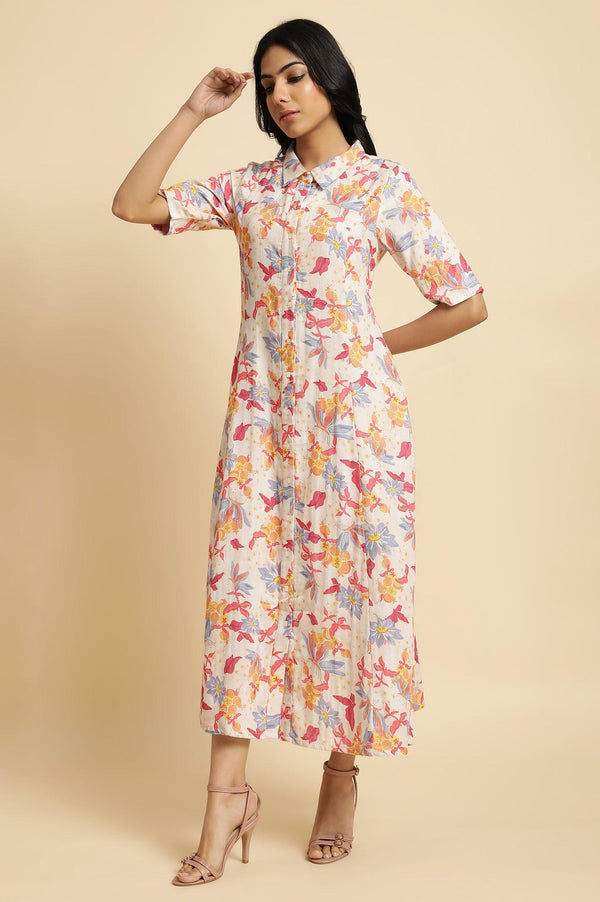 Ecru Floral Printed Cotton Long Shirt Dress