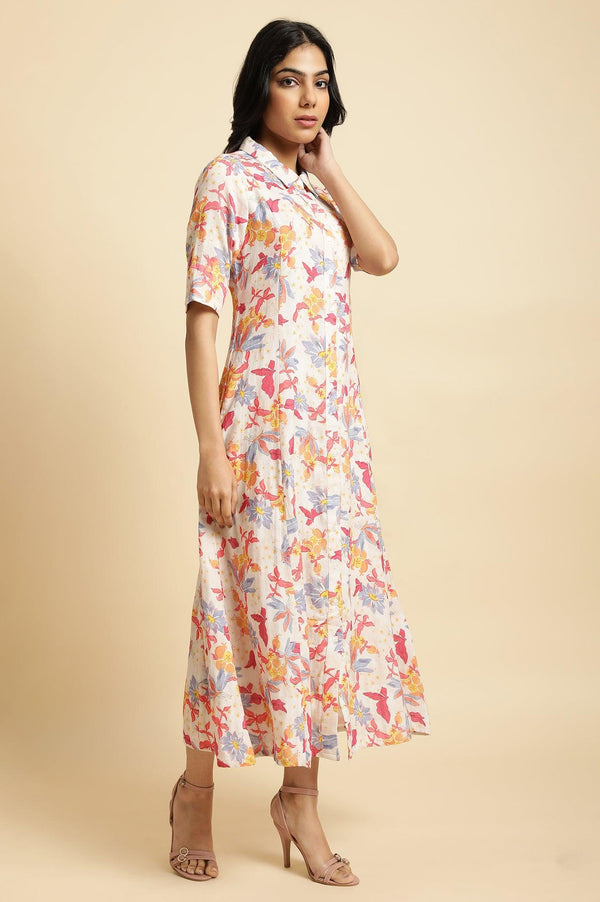 Ecru Floral Printed Cotton Long Shirt Dress