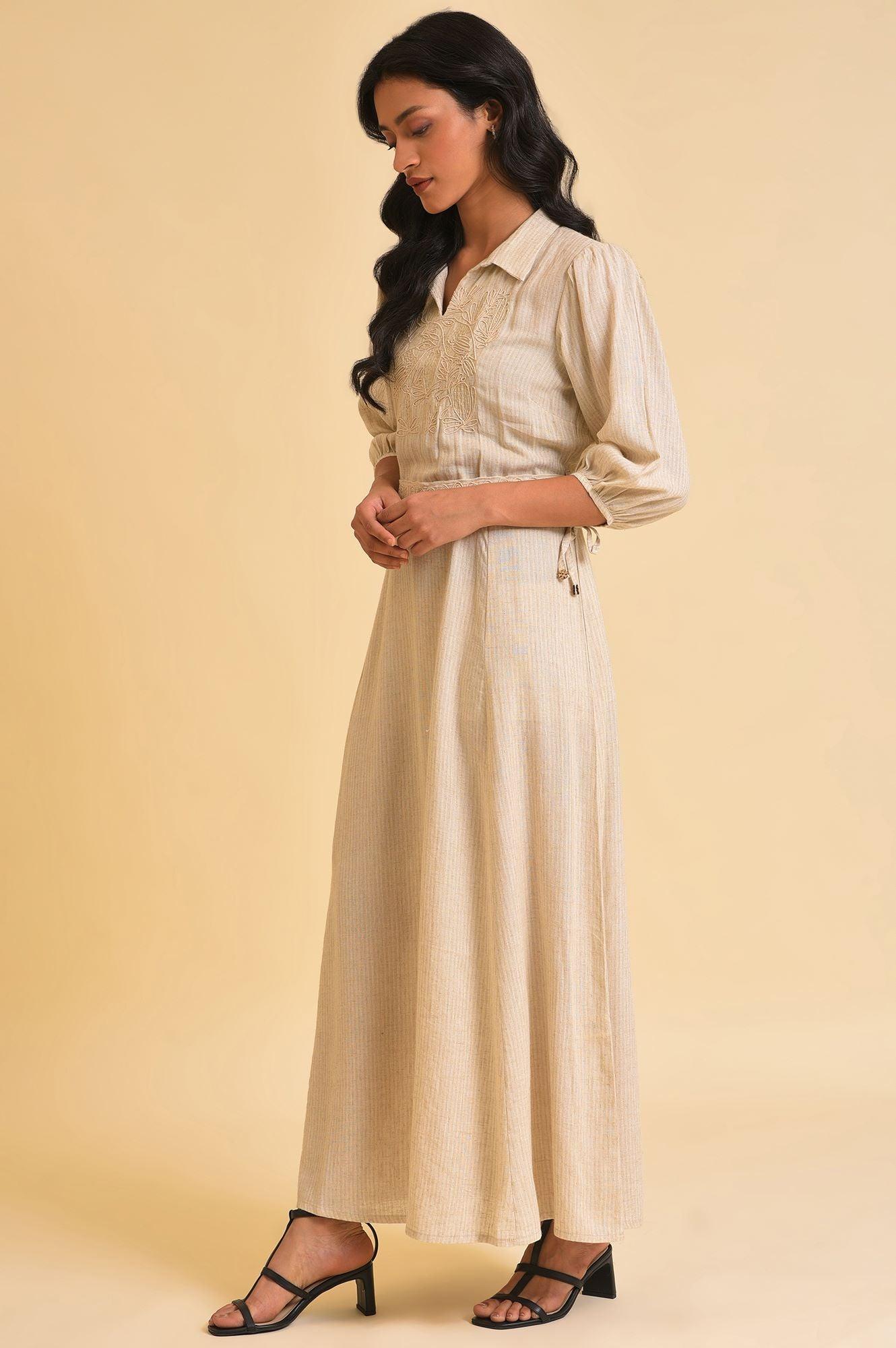 Ecru Embroidered Yarn Dyed Long Dress With Belt - wforwoman