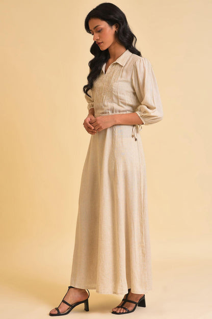 Ecru Embroidered Yarn Dyed Long Dress With Belt - wforwoman
