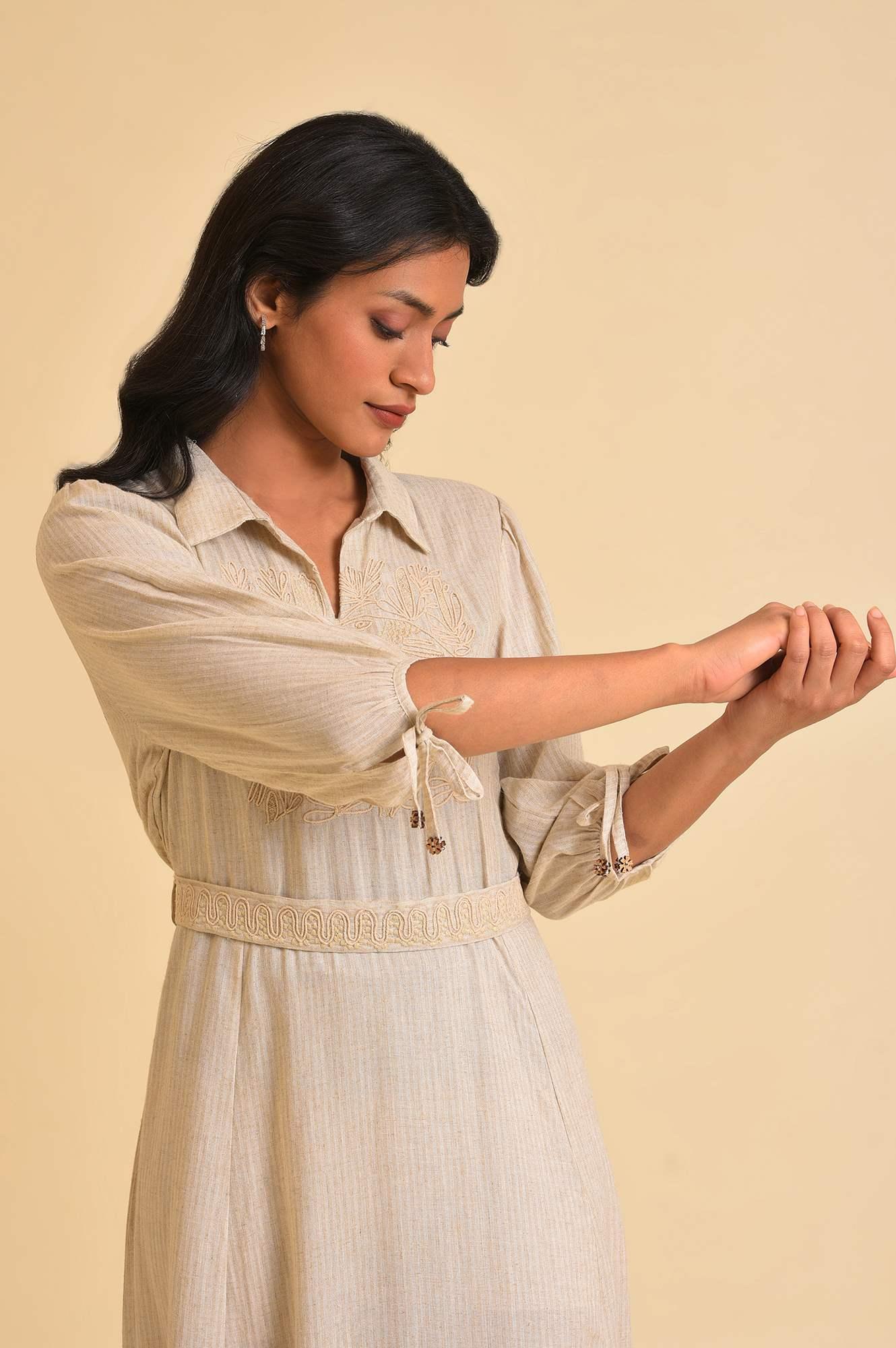 Ecru Embroidered Yarn Dyed Long Dress With Belt - wforwoman