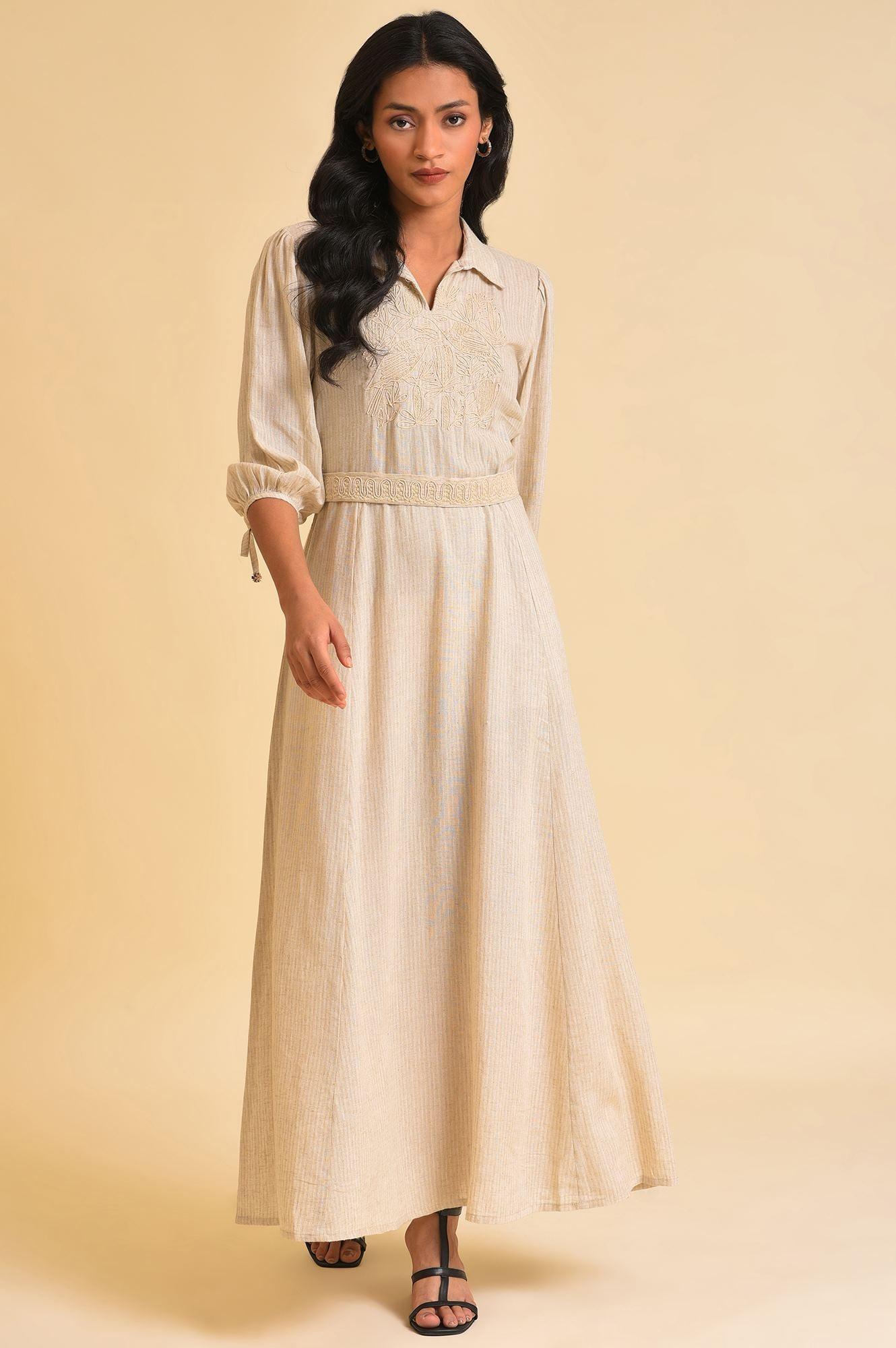 Ecru Embroidered Yarn Dyed Long Dress With Belt - wforwoman