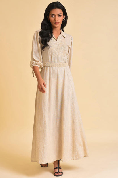 Ecru Embroidered Yarn Dyed Long Dress With Belt - wforwoman