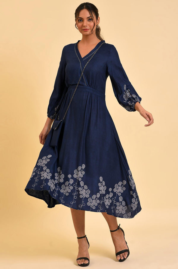 Blue Mock Layer Western Dress With Slim Bag