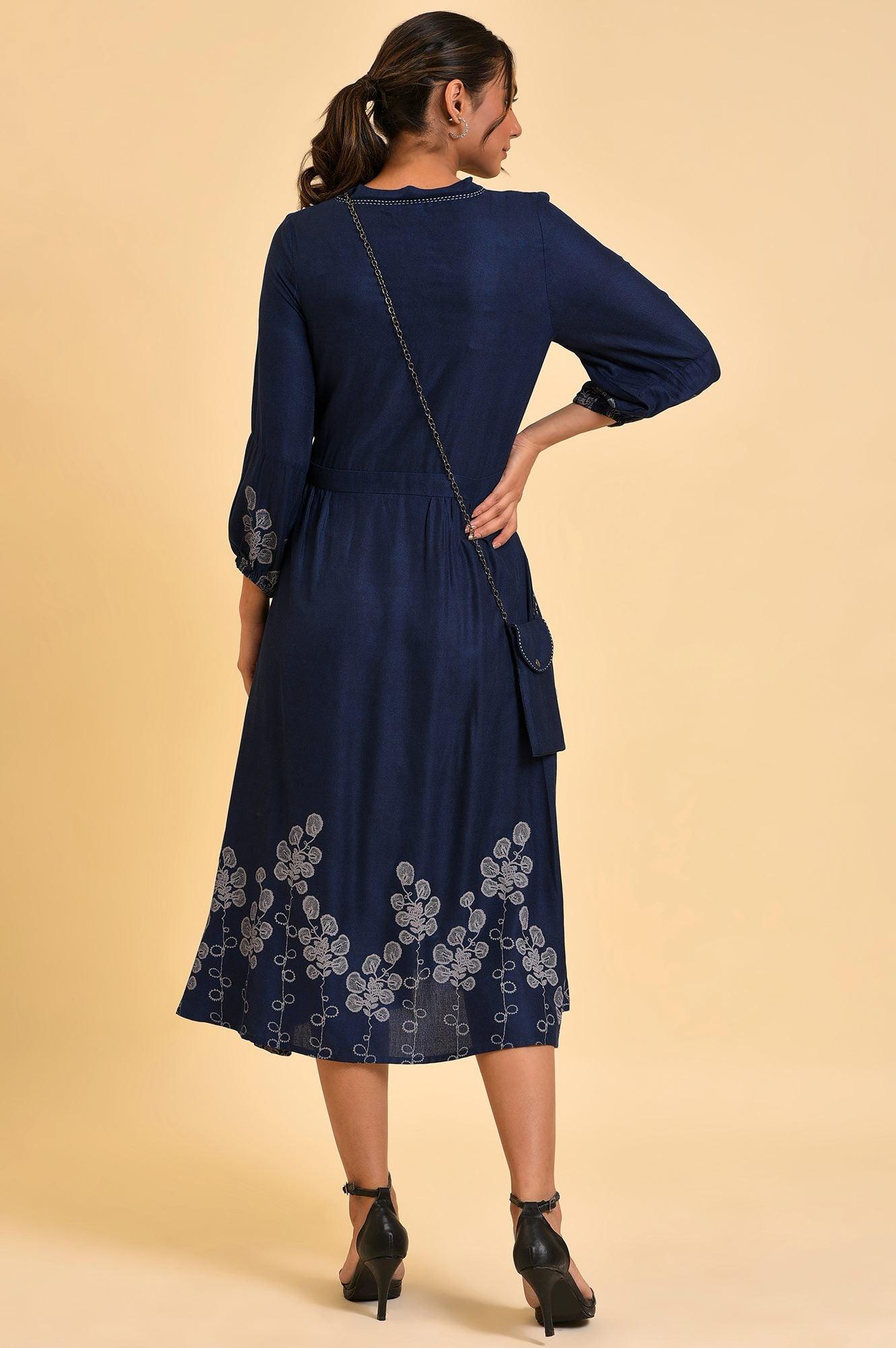 Blue Mock Layer Western Dress With Slim Bag - wforwoman