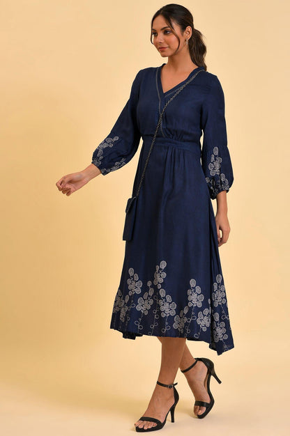 Blue Mock Layer Western Dress With Slim Bag - wforwoman