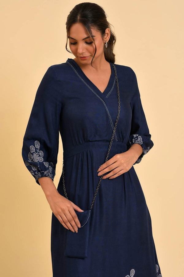 Blue Mock Layer Western Dress With Slim Bag