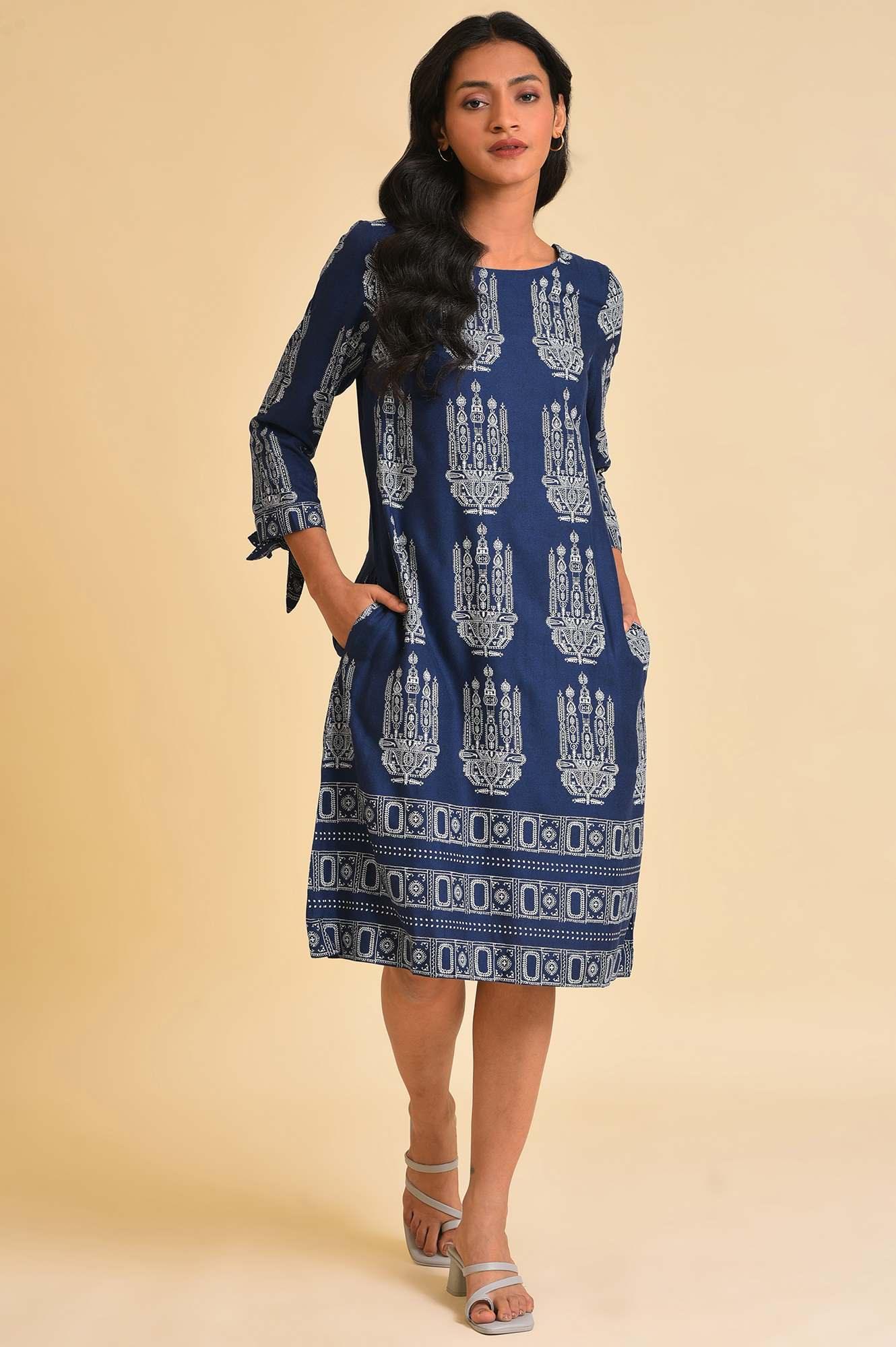 Blue Geometric Print Straight Dress - wforwoman