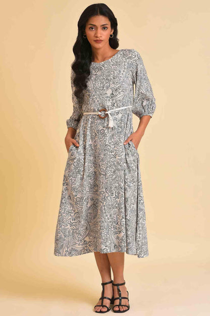 Ecru Printed Rayon Moss Dress With Belt - wforwoman