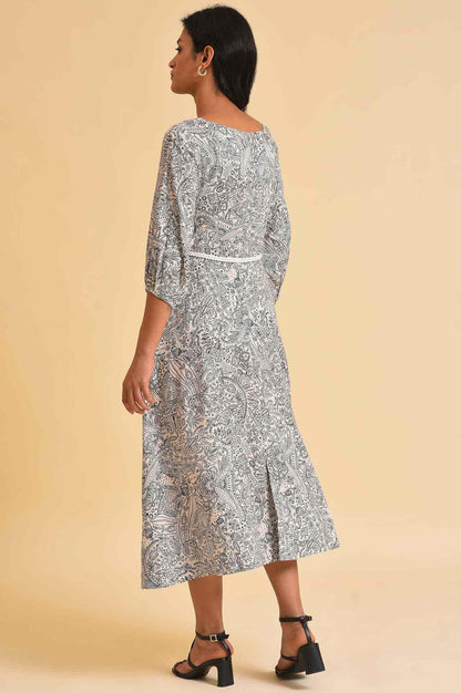 Ecru Printed Rayon Moss Dress With Belt - wforwoman