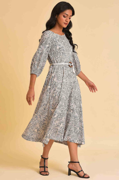 Ecru Printed Rayon Moss Dress With Belt - wforwoman