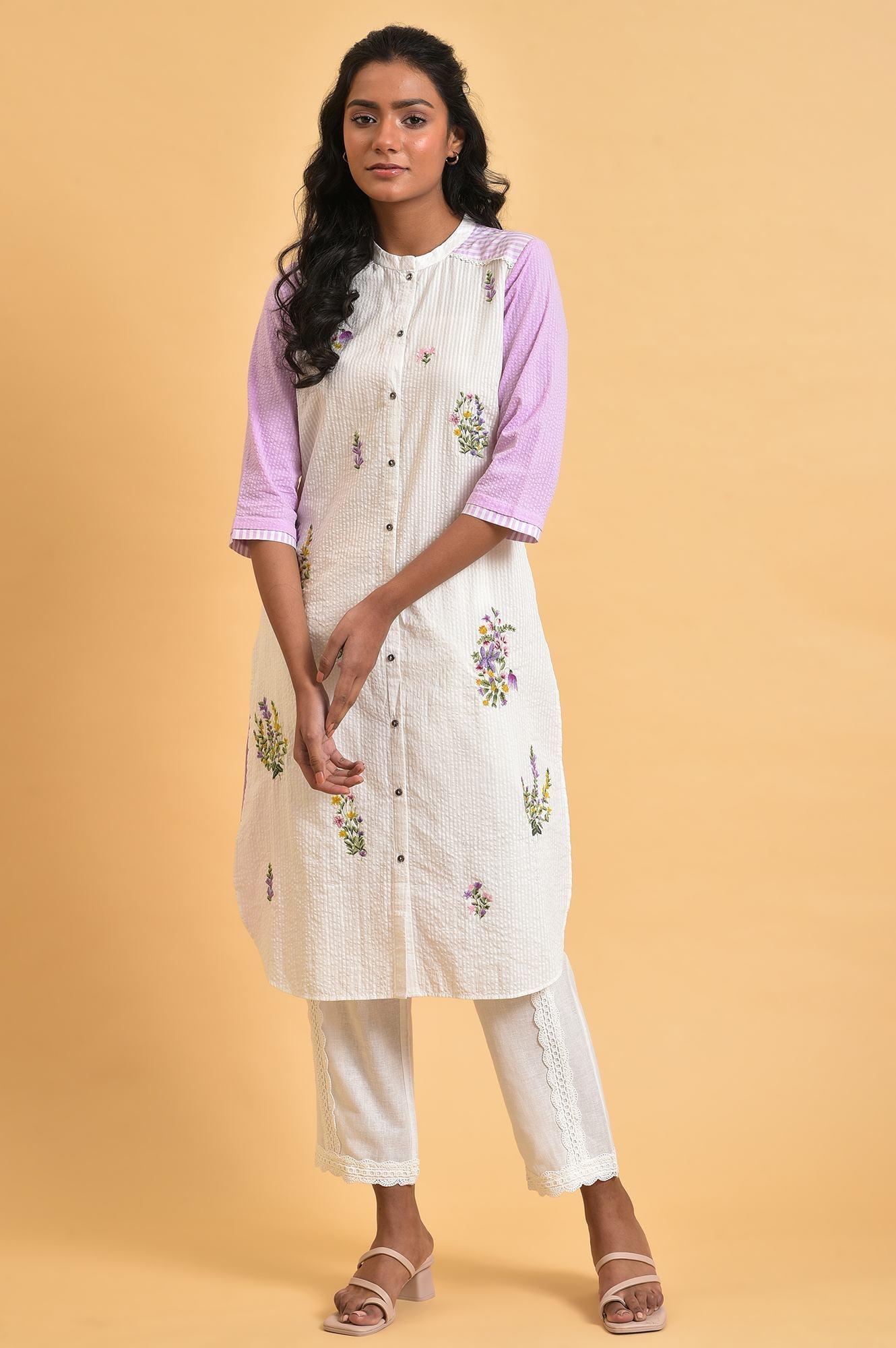 White And Light Purple Seer Sucker Embroidered Summer kurta - wforwoman