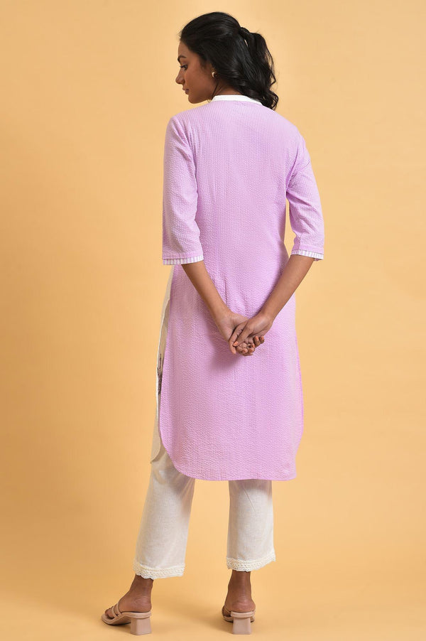 White and Light Purple Textured Cotton Plus Size Embroidered Summer Kurta