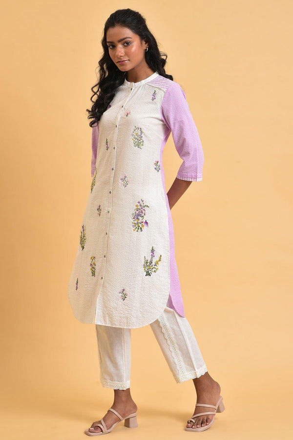 White and Light Purple Textured Cotton Embroidered Summer Kurta