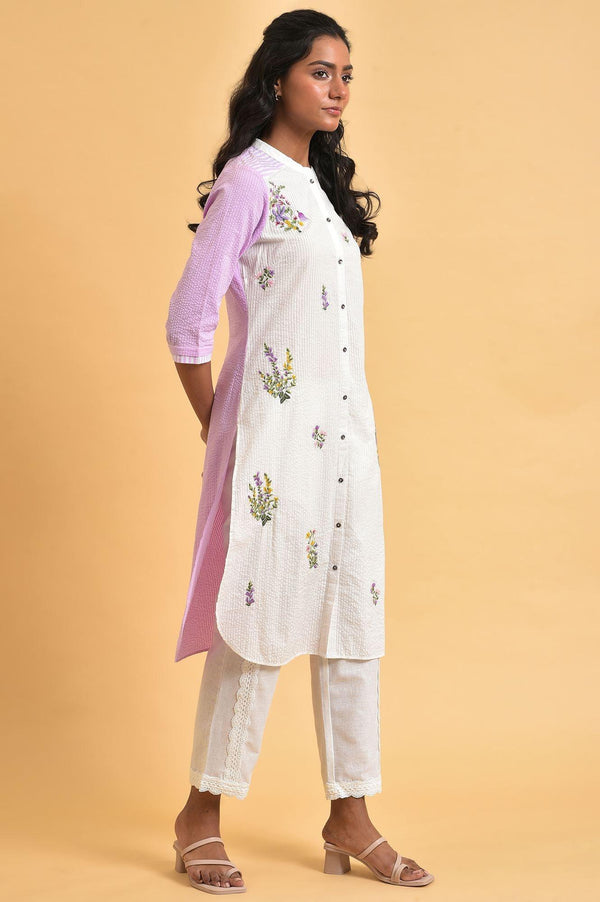 White and Light Purple Textured Cotton Embroidered Summer Kurta